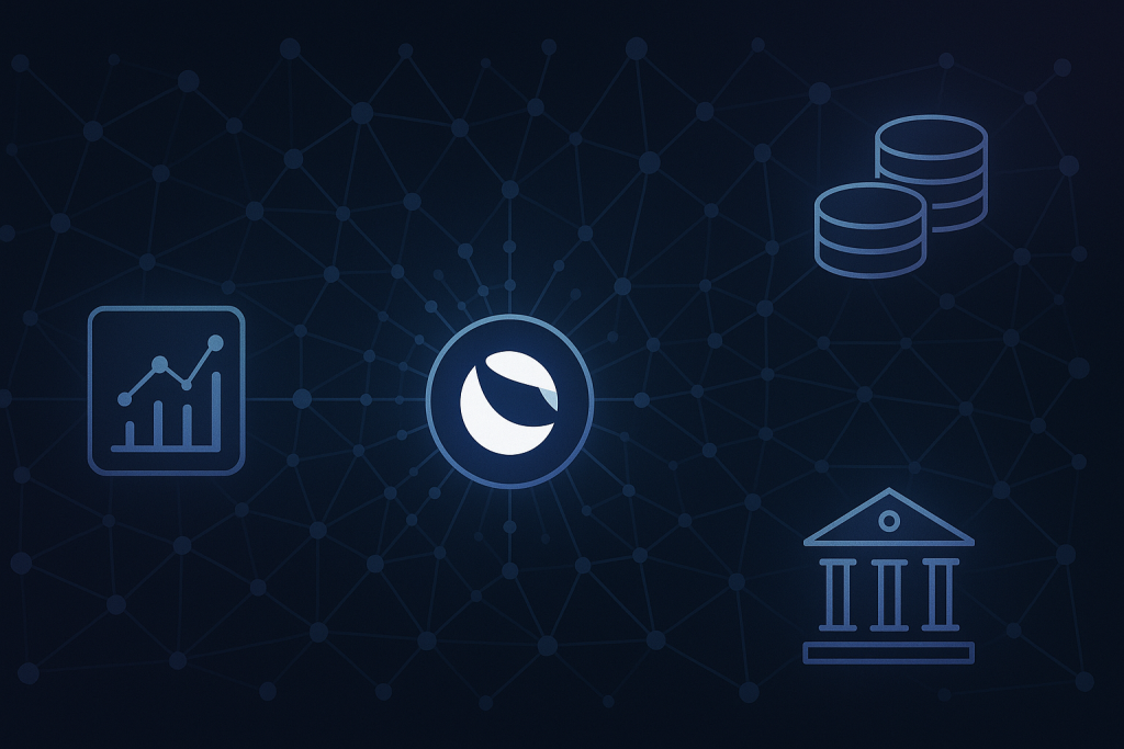 Luna Crypto ekosistemi görselleştirmesi: Terra 2.0 blockchain ağı, DeFi uygulamaları ve Luna token yapısını gösteren yatay formatta dijital illüstrasyon