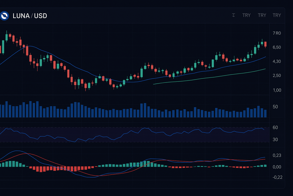 Luna Crypto alım-satım grafiği: Yatay ekran formatında teknik analiz göstergeleri, fiyat hareketleri ve Türk Lirası paritesi içeren profesyonel ticaret ekranı