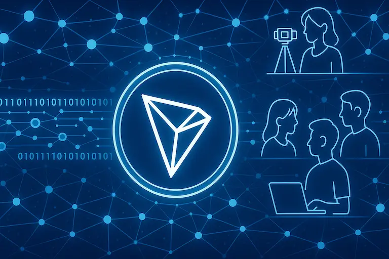 A digital visualization of the TRON blockchain ecosystem featuring the TRX cryptocurrency token. The image shows the interconnected network structure with content creators and users engaging directly through the decentralized platform.