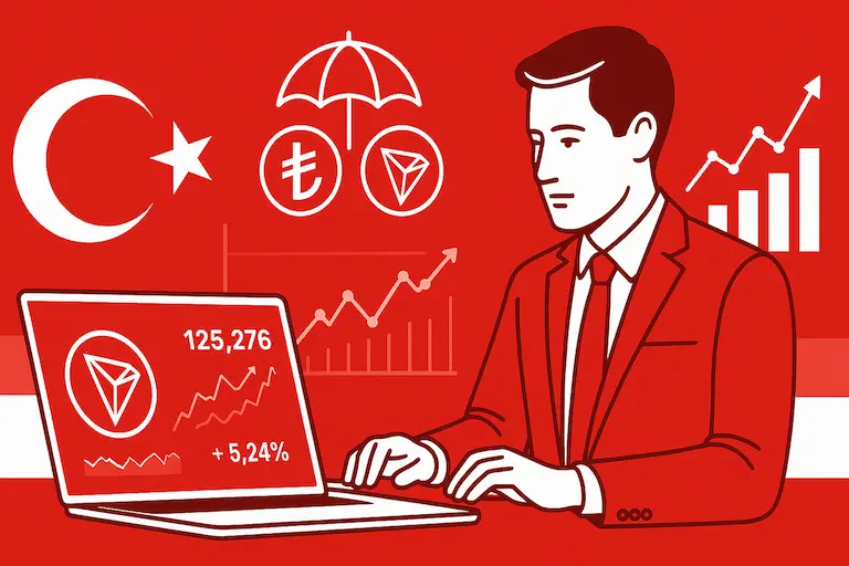 A Turkish investor analyzing TRON (TRX) cryptocurrency investments on a digital device. The image shows trading charts with upward trends and compares Turkish Lira to TRX tokens, illustrating how TRON serves as a potential hedge against inflation in Turkey's economy